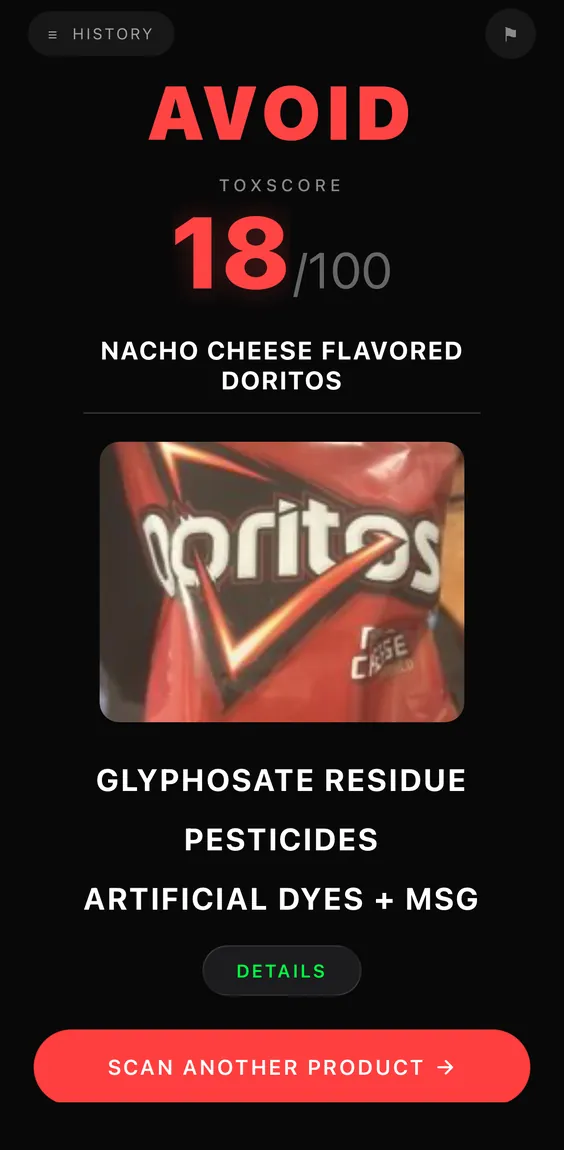 The ToxScan result for Nacho Cheese Flavored Doritos: AVOID, 18 out of 100